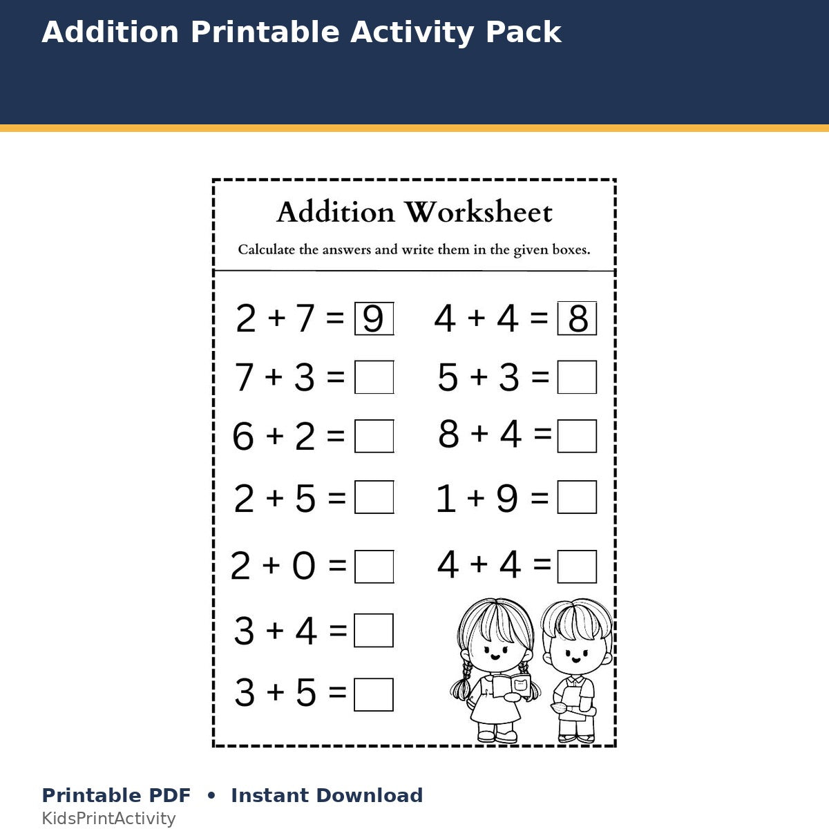 Addition Printable Activity Pack printable activity preview for kids