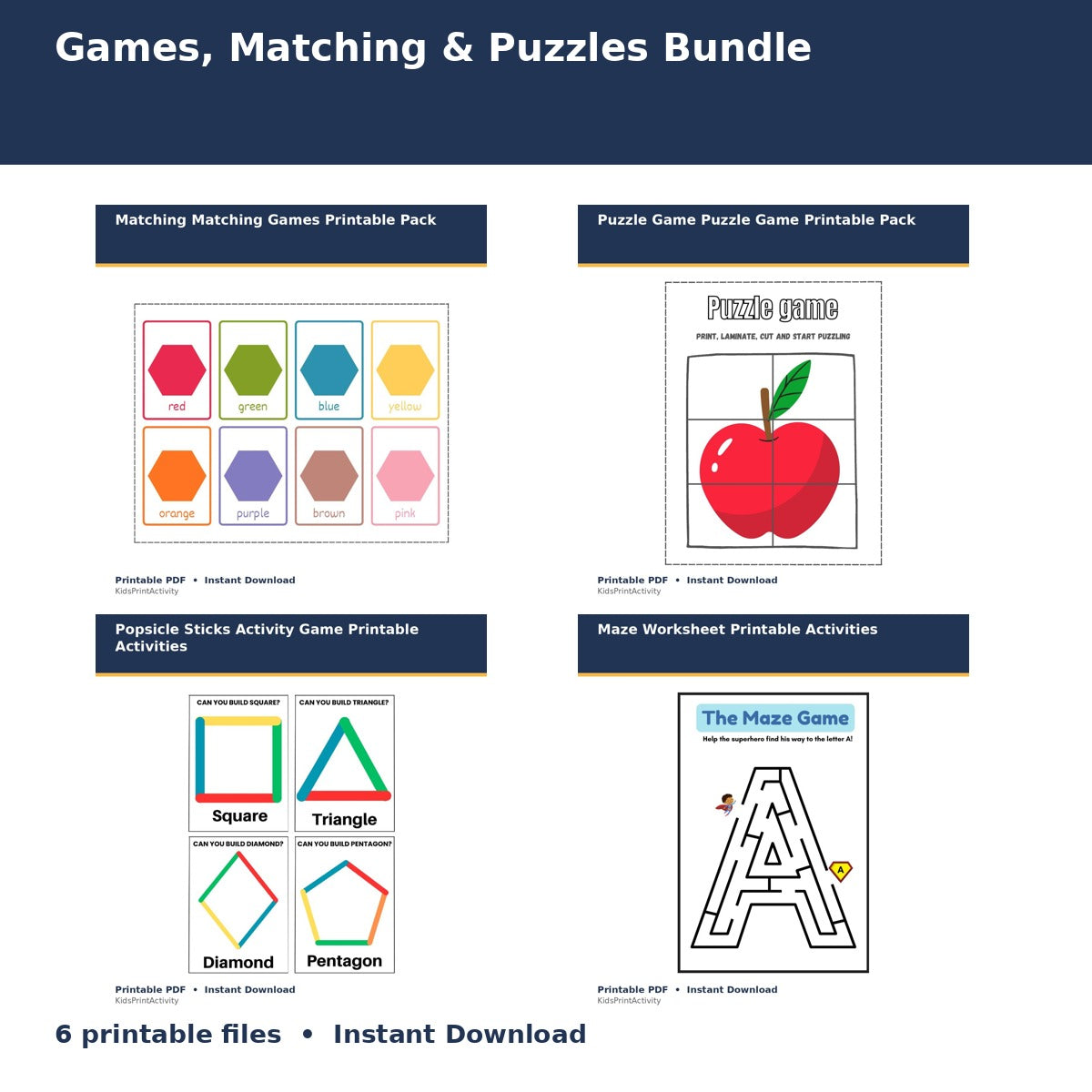 Games, Matching & Puzzles Bundle printable activity preview for kids
