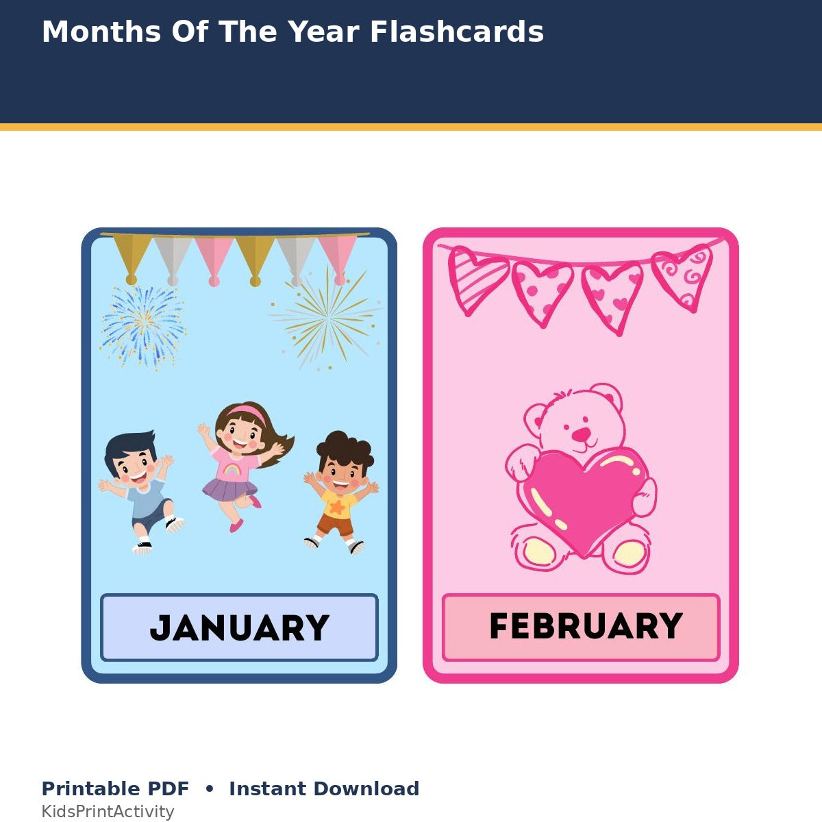 Months of the Year Flashcards printable activity preview for kids
