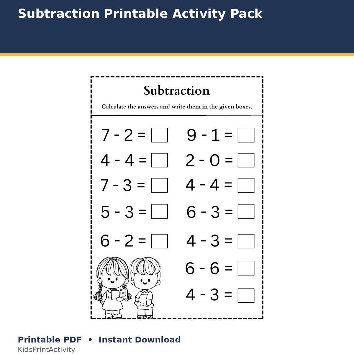 Subtraction Printable Activity Pack printable activity preview for kids