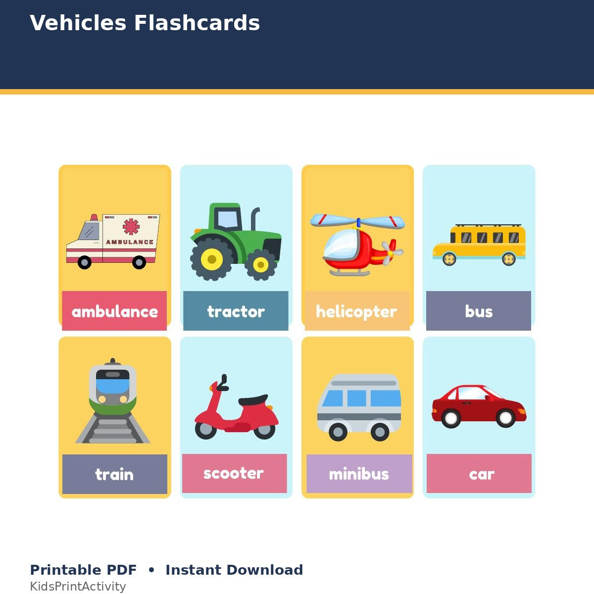 Vehicles Flashcards printable activity preview for kids
