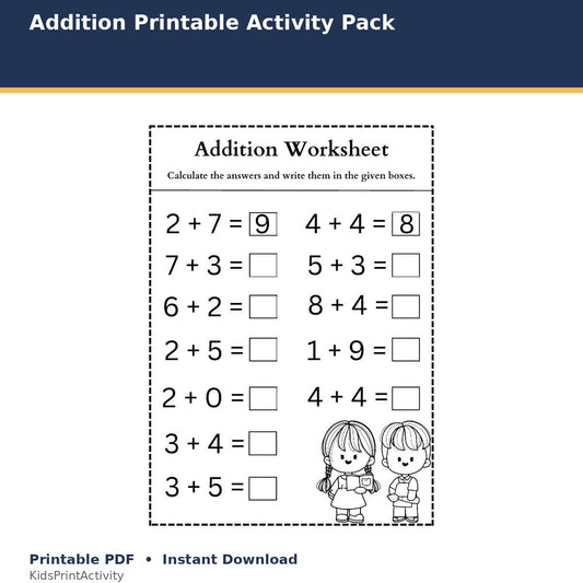 Addition Printable Activity Pack printable activity preview for kids