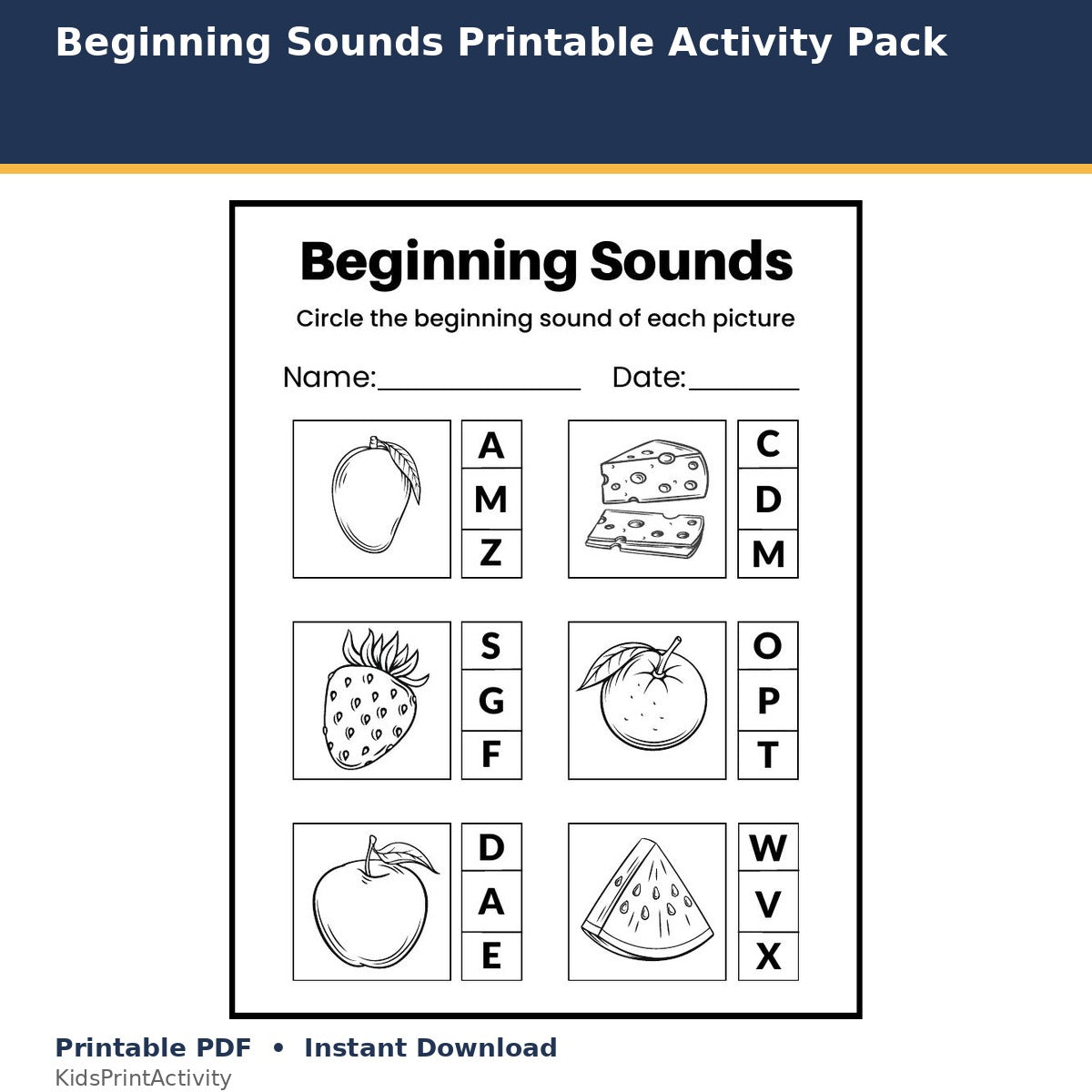 Beginning Sounds Printable Activity Pack printable activity preview for kids