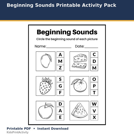 Beginning Sounds Printable Activity Pack printable activity preview for kids