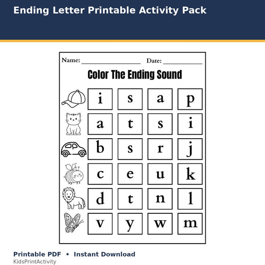 Ending Letter Printable Activity Pack printable activity preview for kids