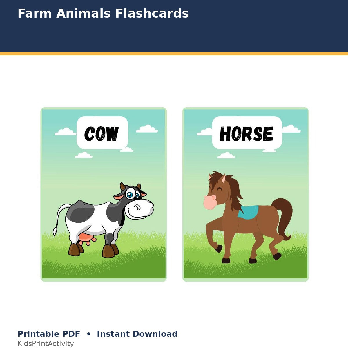 Farm Animals Flashcards printable activity preview for kids