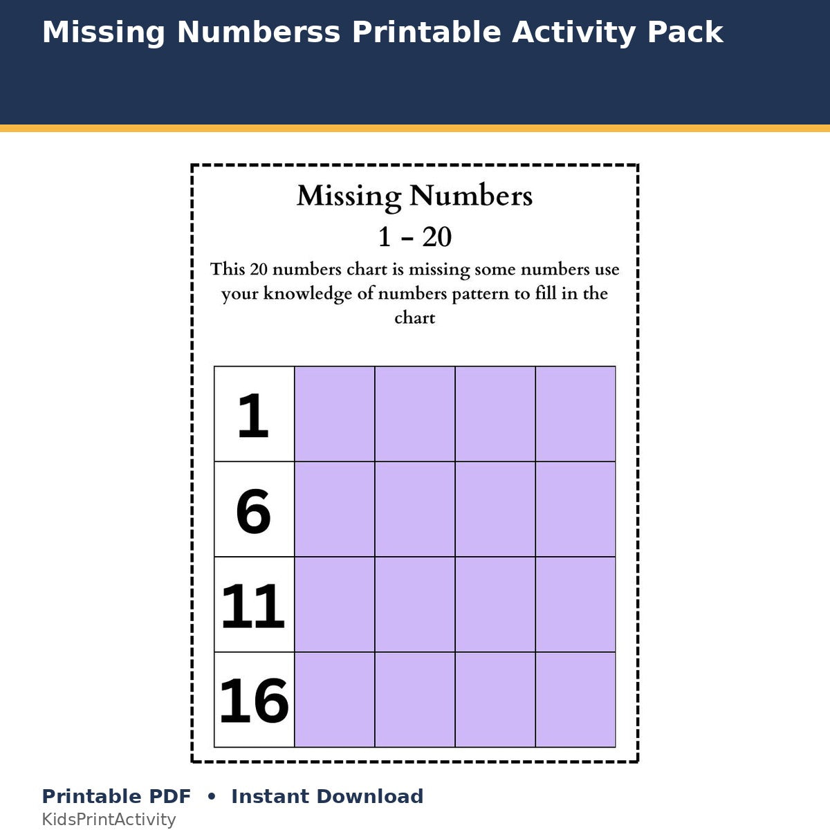 Missing Numbers Printable Activity Pack printable activity preview for kids