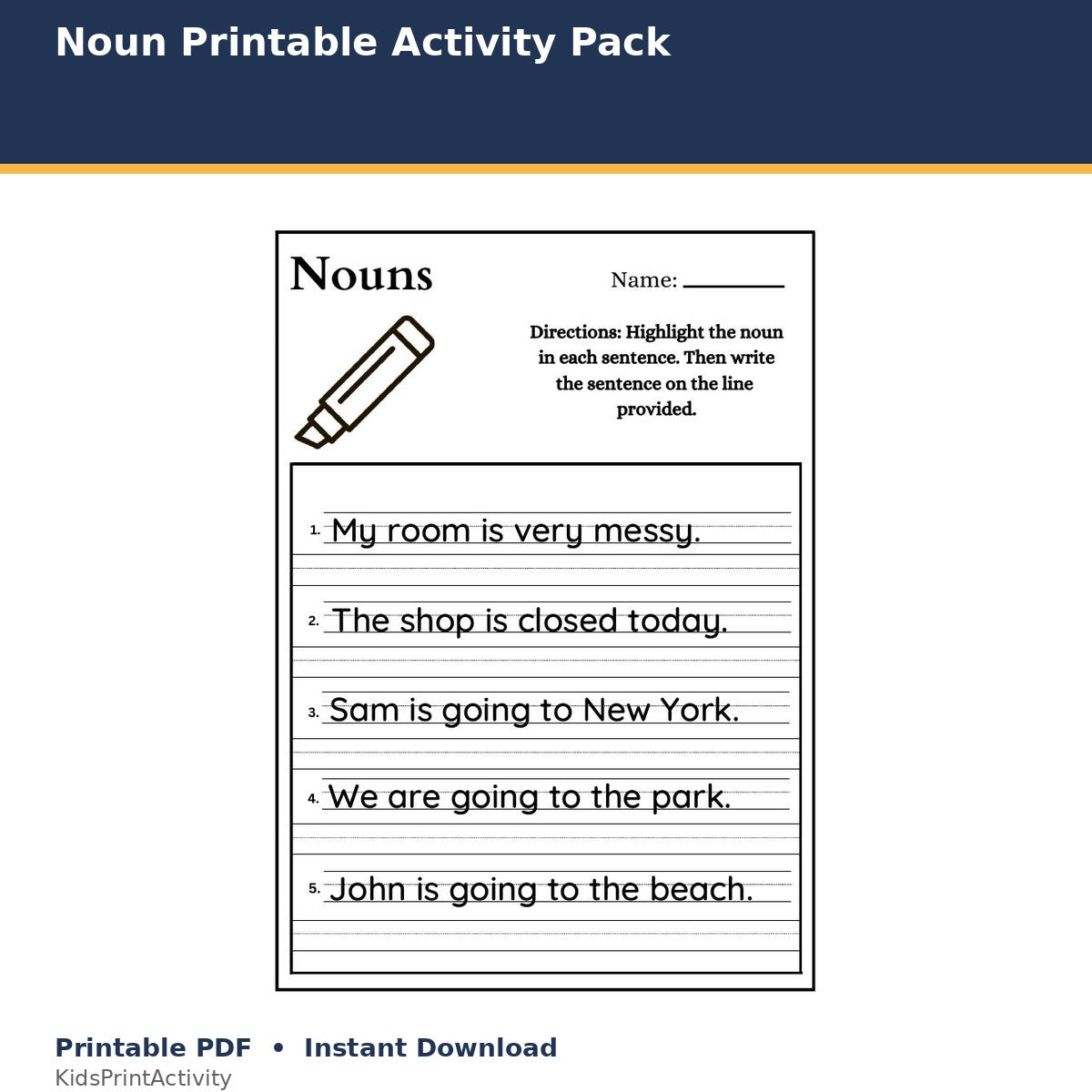 Nouns Printable Activity Pack printable activity preview for kids