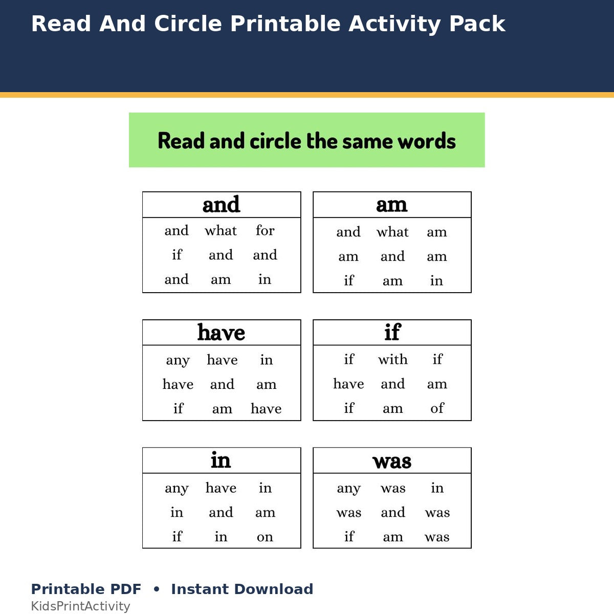 Read And Circle Printable Activity Pack printable activity preview for kids