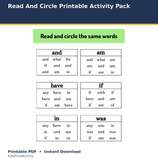 Read And Circle Printable Activity Pack printable activity preview for kids