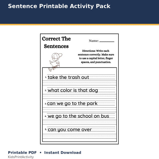 Sentence Printable Activity Pack printable activity preview for kids
