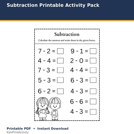 Subtraction Printable Activity Pack printable activity preview for kids
