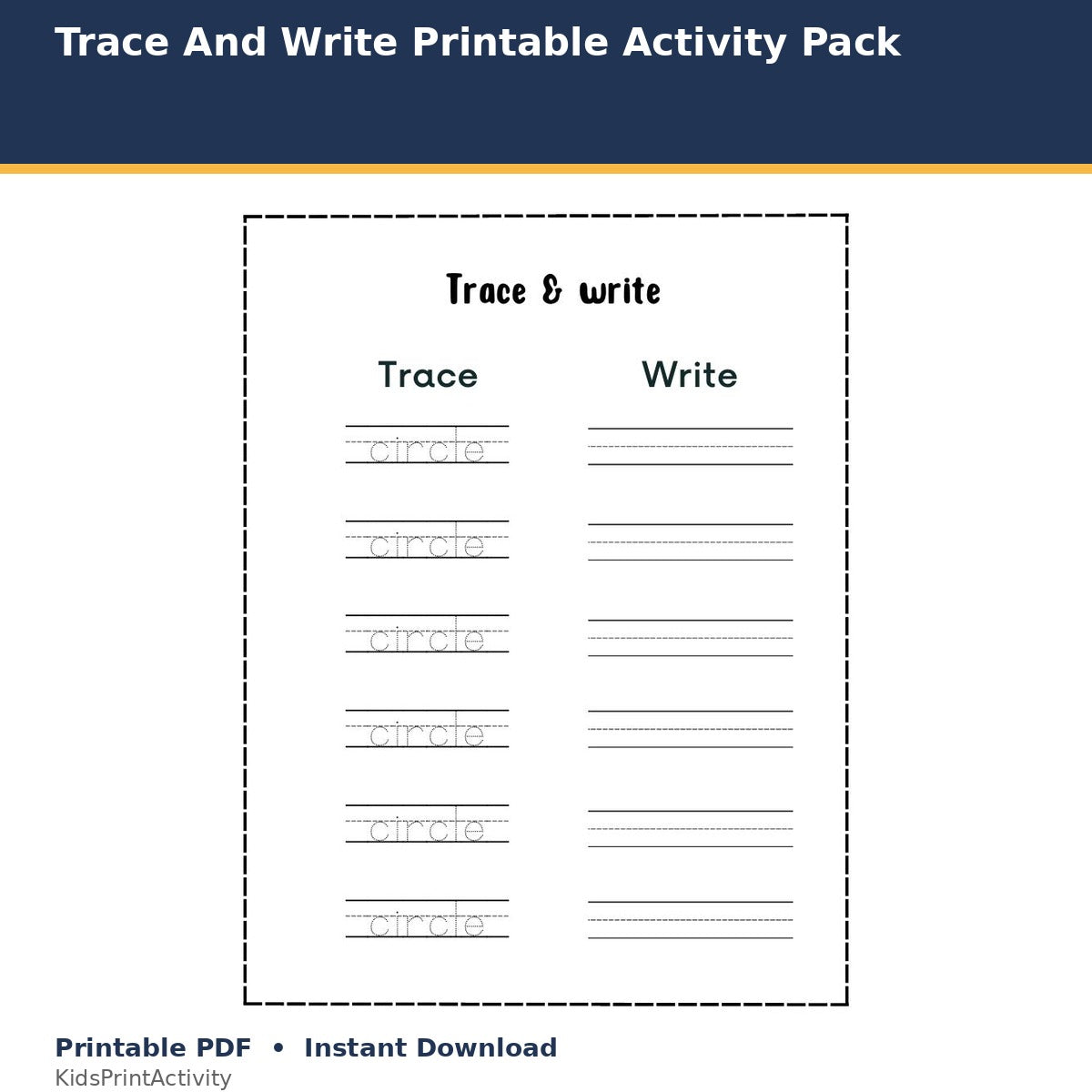 Trace And Write Printable Activity Pack printable activity preview for kids