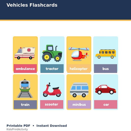 Vehicles Flashcards printable activity preview for kids