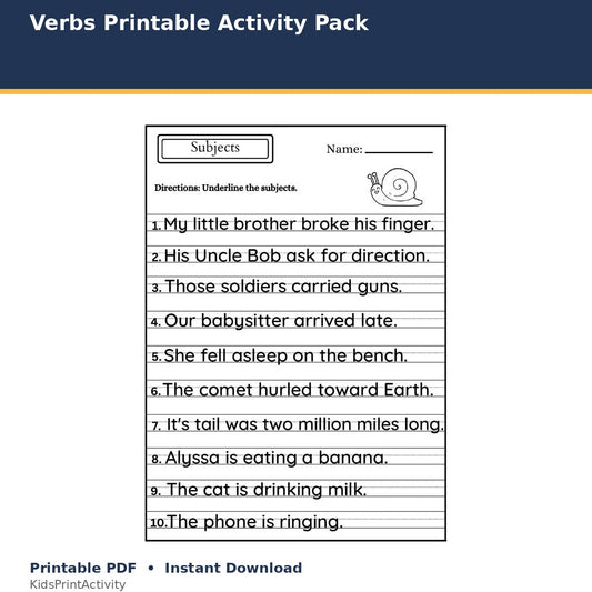Verbs Printable Activity Pack printable activity preview for kids