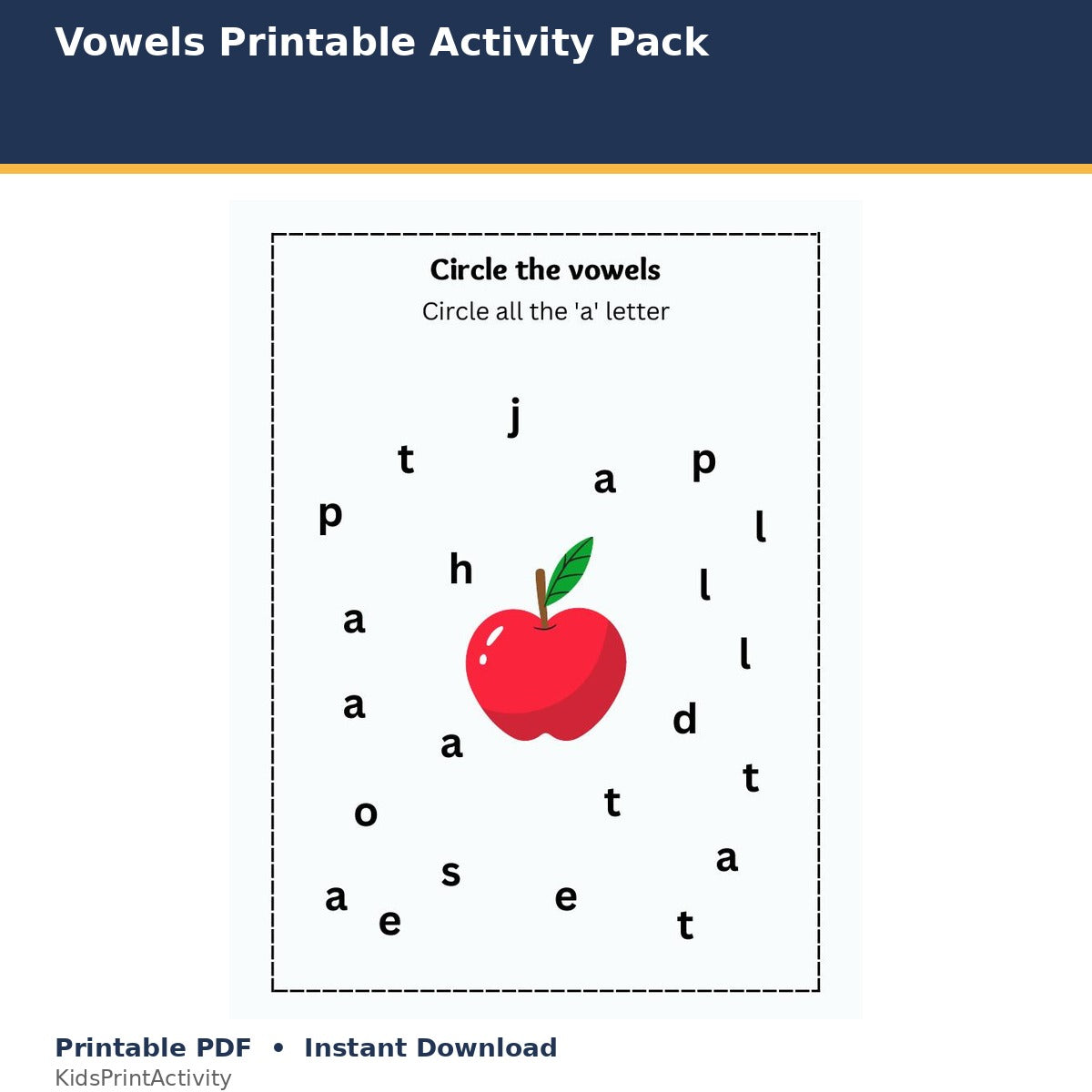 Vowels Printable Activity Pack printable activity preview for kids